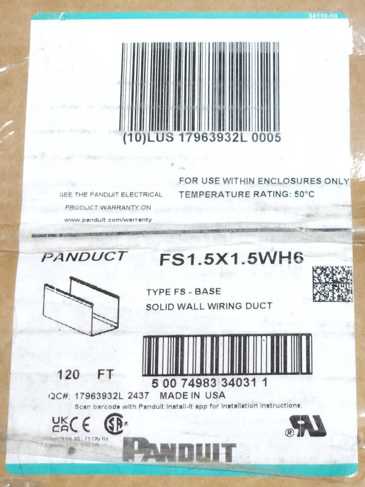 BOX OF 17 STRIPS PANDUIT FS1.5X1.5WH6 PANDUCT Type FS BASE Solid Wall Wiring Duc