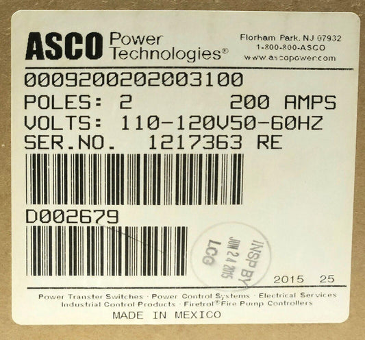 SEALED ASCO 0009200202003100 Remote Control Switch Moel 920 200 AMP 120 VAC