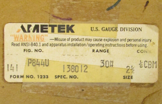 AMETEK US GAUGE P844U 0-30 PSI 2 1/2" Gauge 138012