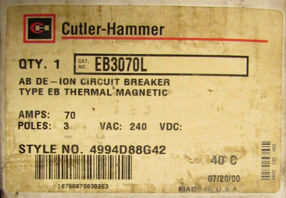 CUTLER HAMMER WESTINGHOUSE EB3070L 3P 70A Type EB Breaker Line Load Lugs EB3070
