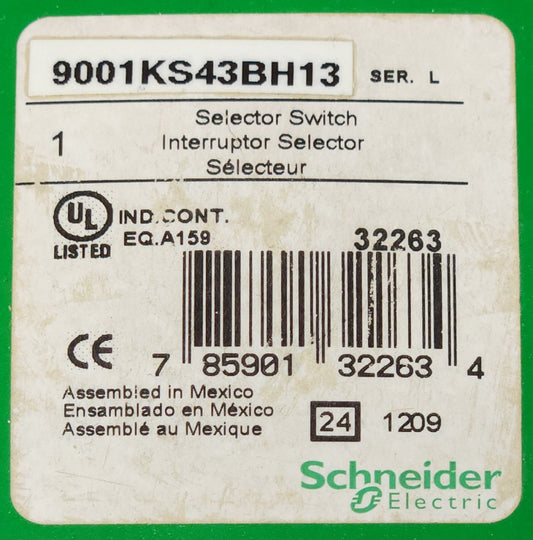 SCHNEIDER ELECTRIC 9001KS43BH13 Black Knob 3 Position Maintained Selector Switch