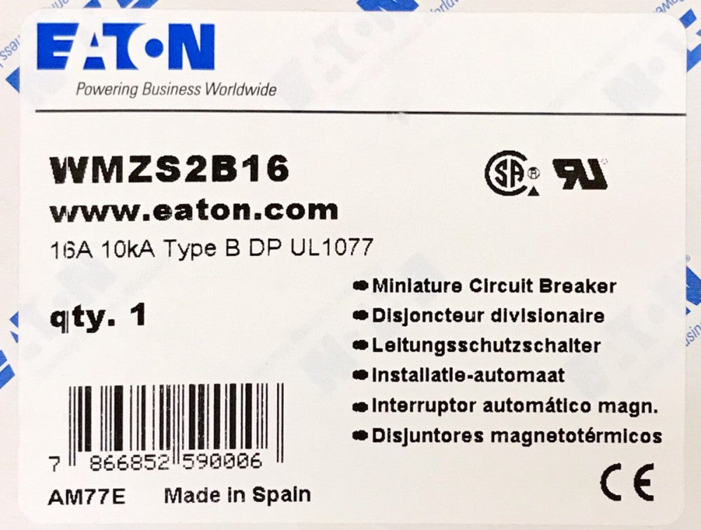 EATON WMXS2B16 2 Pole 16 AMP 10 KA B16 Circuit Breaker Type B Din Rail Mountable