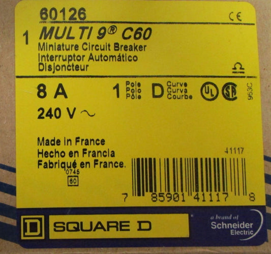 SQUARE D MERLIN GERIN Multi 9 C60 Single Pole 8 Amp Mini Circuit Breaker 60126