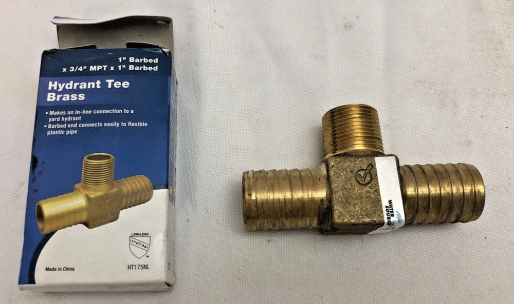 Water Source HT175NL Hydrant Tee Brass 1" Barbed x 3/4" MPT x 1" Barbed
