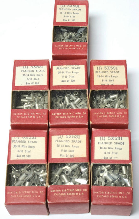 7 BOXES OF 100 DAYTON 5X531 Flanged SPADE FORK Terminal CRIMP ON 16-14 WIRE Rang