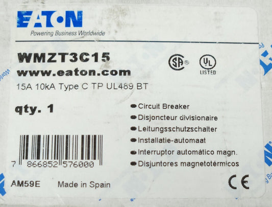 EATON WMZT3C15 3 Pole 15 AMP 10 KA Circuit Breaker Type C TP UL489 BT
