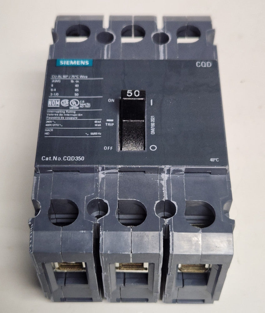 SIEMENS CQD350 3 Pole 50 AMP Type CQD Circuit Breaker DIN Rail MOUNTABLE