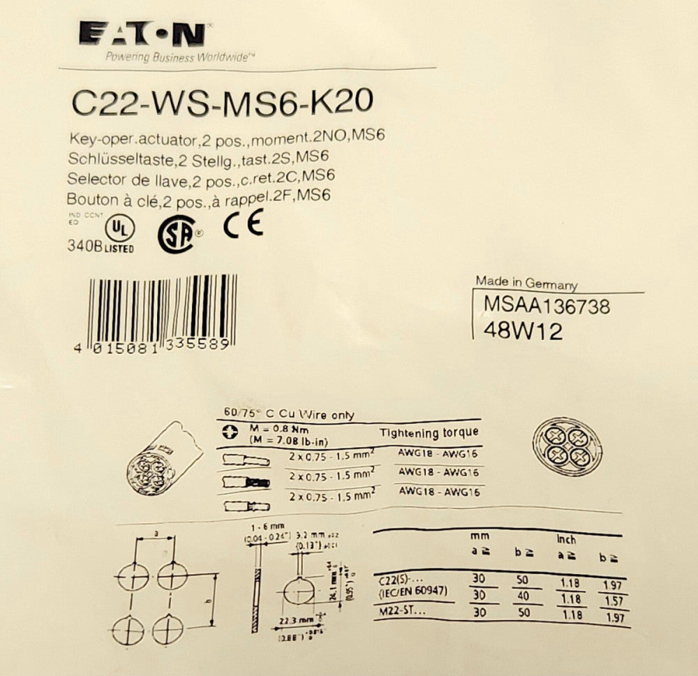 EATON C22 WS MS6 K20 Key Operated 2 Position Momentary Selector Switch 2 NO C22