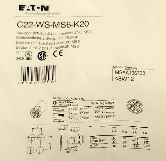 EATON C22 WS MS6 K20 Key Operated 2 Position Momentary Selector Switch 2 NO C22