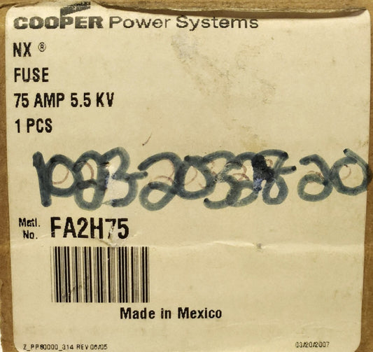 COOPER POWER EATON FA2H75 Type NX Fuse 5.5 kv 75 AMP