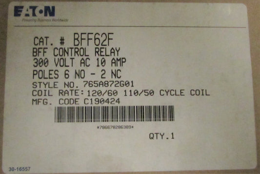 EATON CUTLER HAMMER BFF62F 300VAC 10AMP Control Relay 110 120v 765A872G01