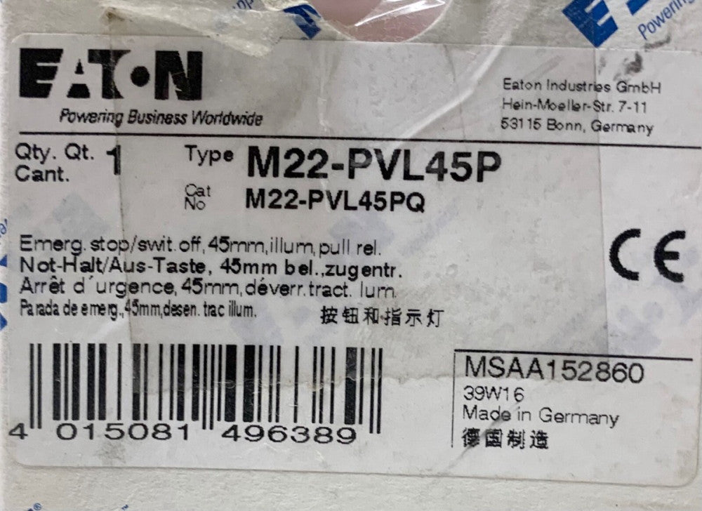 EATON MOELLER M22 PVL45P 45 MM Red Illuminated Pull Release Pushbutton