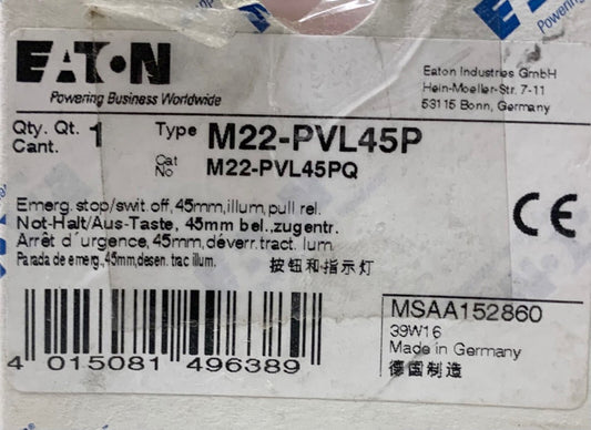 EATON MOELLER M22 PVL45P 45 MM Red Illuminated Pull Release Pushbutton