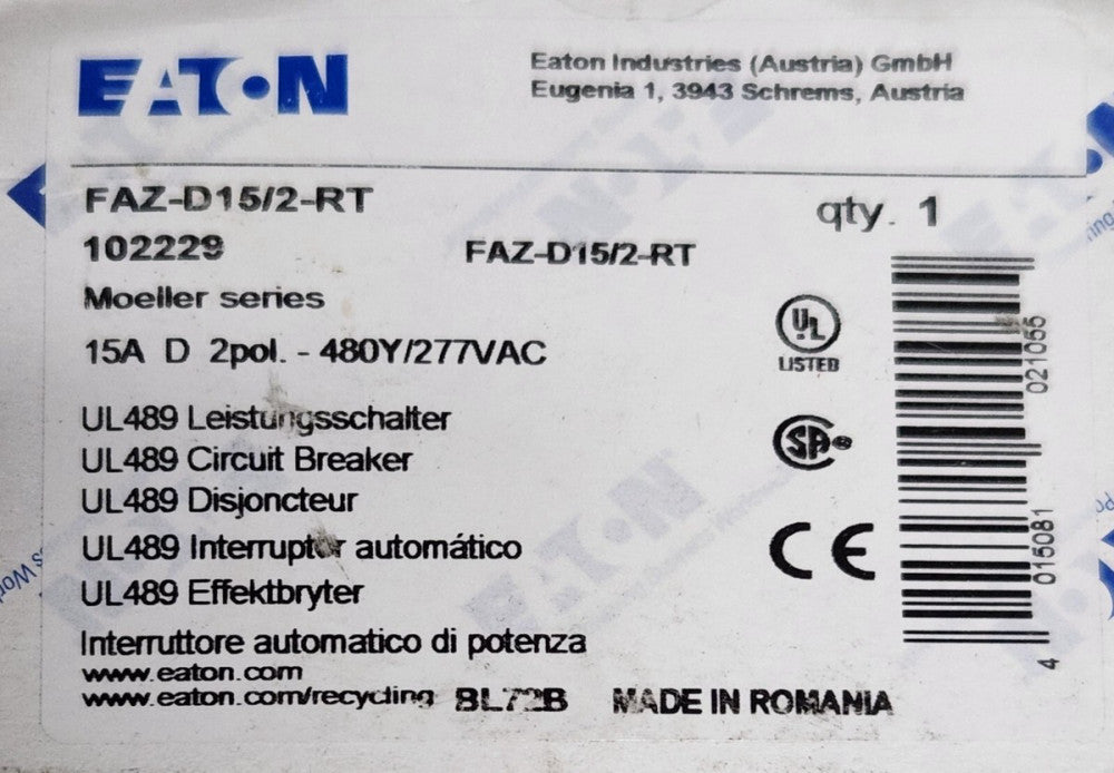 EATON MOELLER FAZ D15 2 RT 102229 15 AMP 2 Pole Circuit Breaker FAZ-D15/2-RT