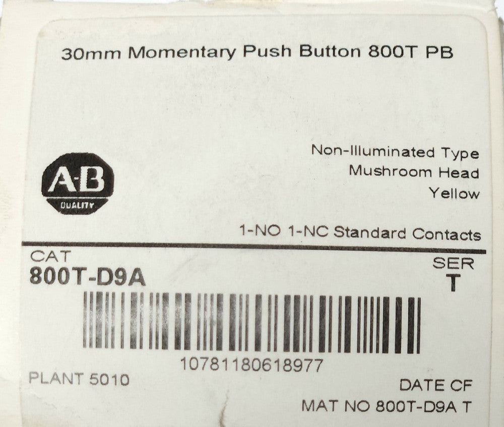 ALLEN BRADLEY 800T D9A Yellow Mushroom Head Non Illuminated Pushbutton Momentary