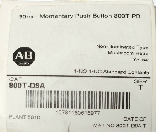 ALLEN BRADLEY 800T D9A Yellow Mushroom Head Non Illuminated Pushbutton Momentary