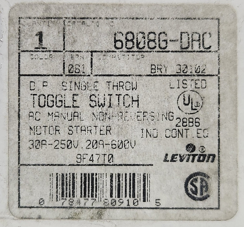 LEVITON 6808G-DAC Single Throw Toggle Switch Motor Starter 30 AMP 250 VAC 20 AMP