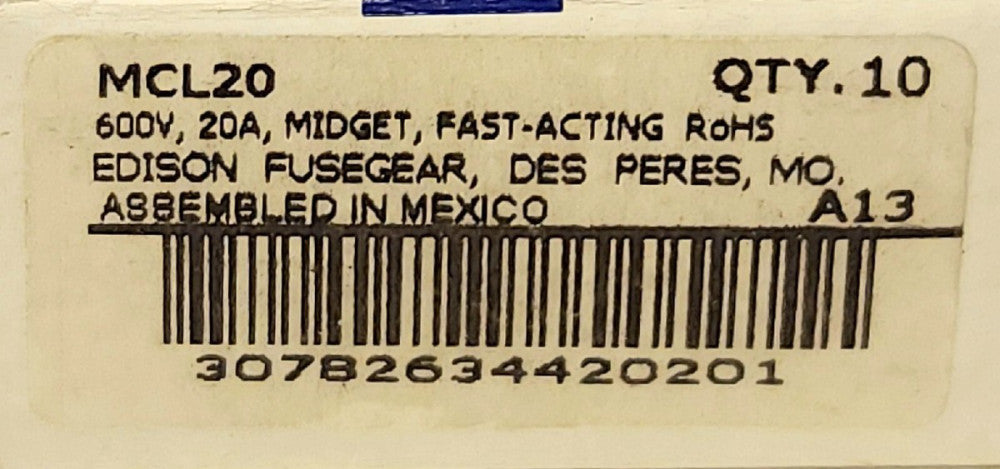 BOX OF 10 EDISON MCL20 600 VAC 20 AMP Midget Fuse