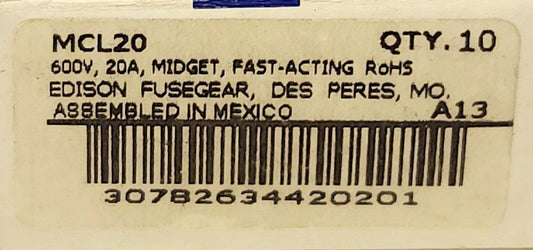 BOX OF 10 EDISON MCL20 600 VAC 20 AMP Midget Fuse