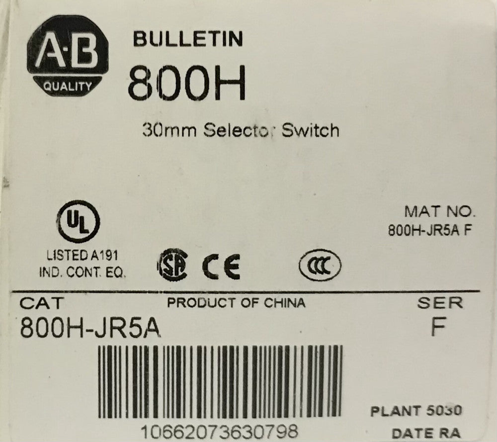 ALLEN BRADLEY 800H JR5A 3 Position Selector Switch 30 mm