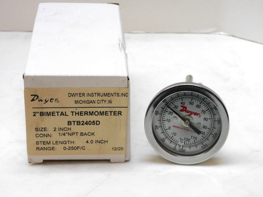 Dwyer BTB2405D Bimetal Thermometer 2" Dial 4" Stem 1/4"npt 0-250°F 0-120°C