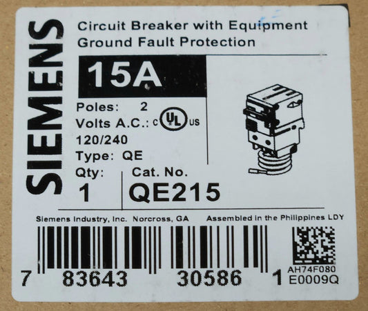 SIEMENS QE215 2 Pole 15 AMP Type QE EQUIPMENT Protection Ground Fault Circuit