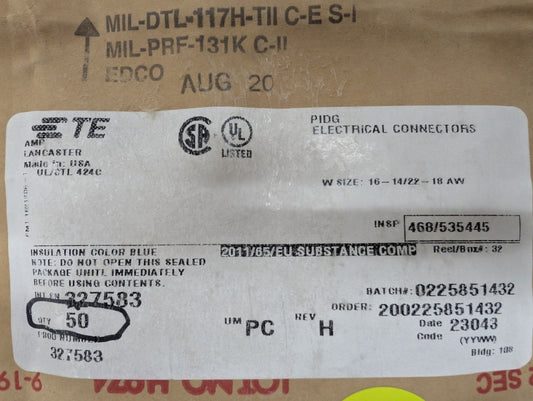 New, AMP/Tyco, 327583, Splice Terminal (14-16)AWG/(18-22)AWG 32.13mm Tin - 55pcs