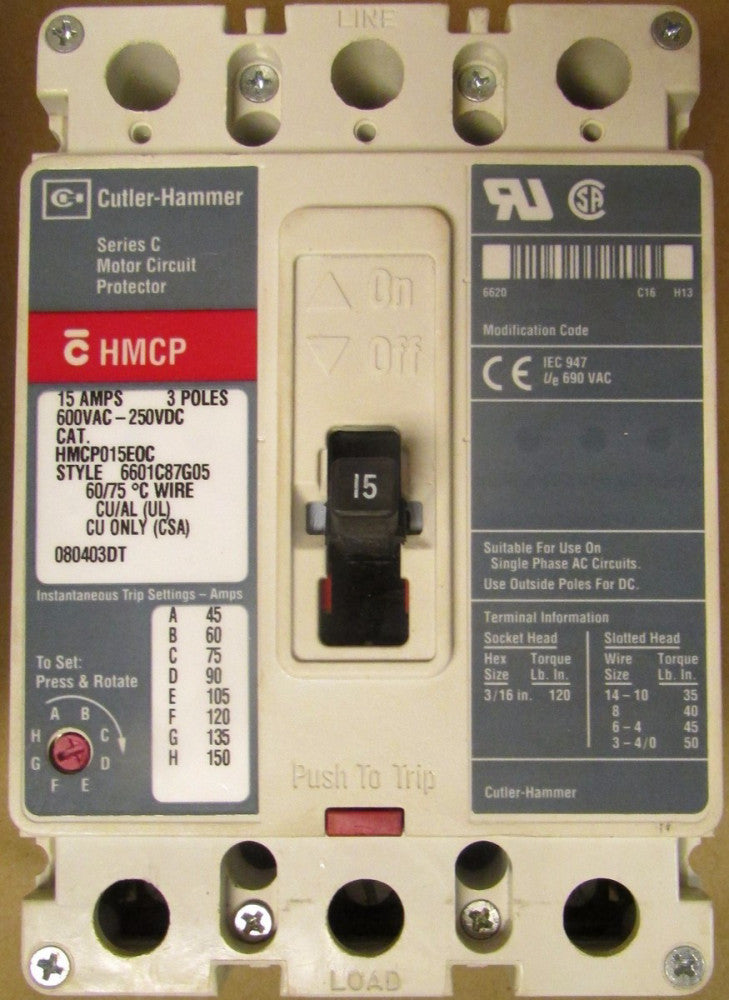 CUTLER HAMMER HMCP Motor Circuit Protector 15 AMP 3 Pole HMCP015E0C