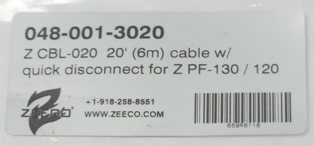 ZEECO 048 001 3020 PROFLAME Z CBL-020 20' CABLE For PF-130 PF-120 6M Quick Disc.