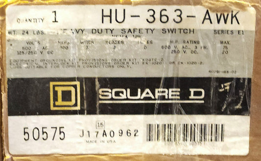 SQUARE D HU363AWK 3 Pole 100 AMP NEMA 12K Heavy Duty Safety Switch 600 VAC