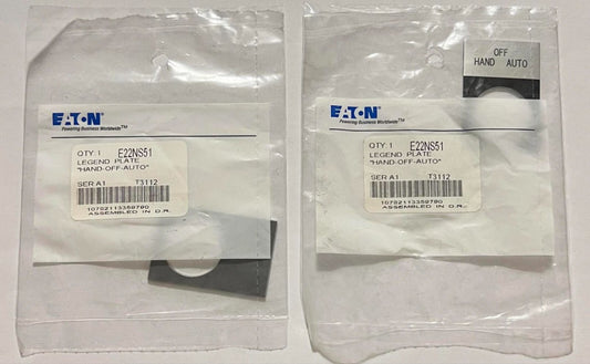 (LOT OF 2) EATON CUTLER HAMMER E22NS51 Legend Plate HAND OFF AUTO