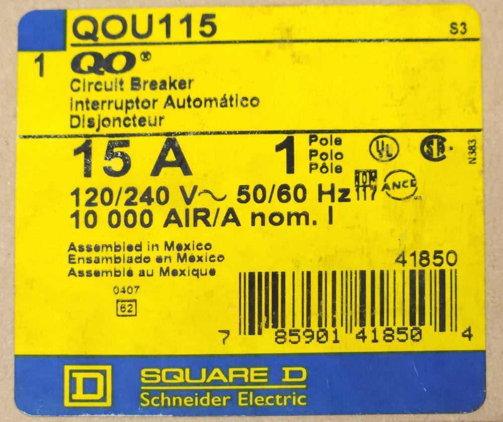 SQUARE D QOU115 Single Pole 15 AMP Type QO QOU Circuit Breaker 120 240 VAC