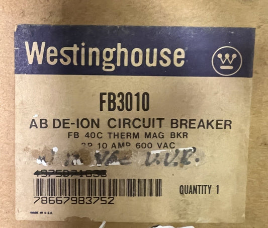 WESTINGHOUSE CUTLER HAMMER FB3010 3 Pole 10 AMP Type FB Circuit Breaker 600 VAC