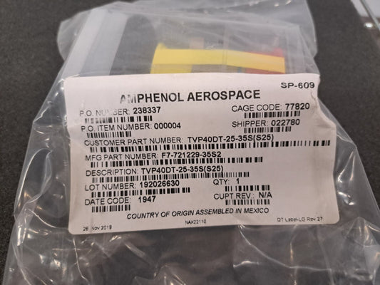 New, Amphenol, TVP40DT-25-35S(S25), WALL MT DF RECPT 38999 DERIVATIVE PCB