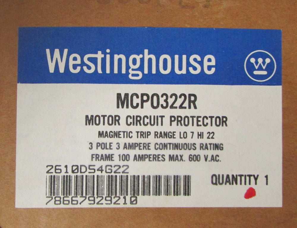 WESTINGHOUSE MCP Motor Circuit Protector 3 Pole 3 Amp MCP0322R 
