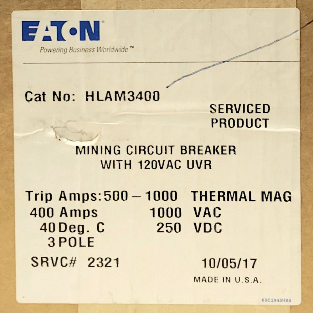 EATON CUTLER HAMMER HLAM3400 3 Pole 400 AMP Type HLAM MINING Circuit Breaker