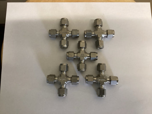 Swagelok SS-400-4 Tube Fitting, Union Cross, 1/4”. Lot of 5 Fittings