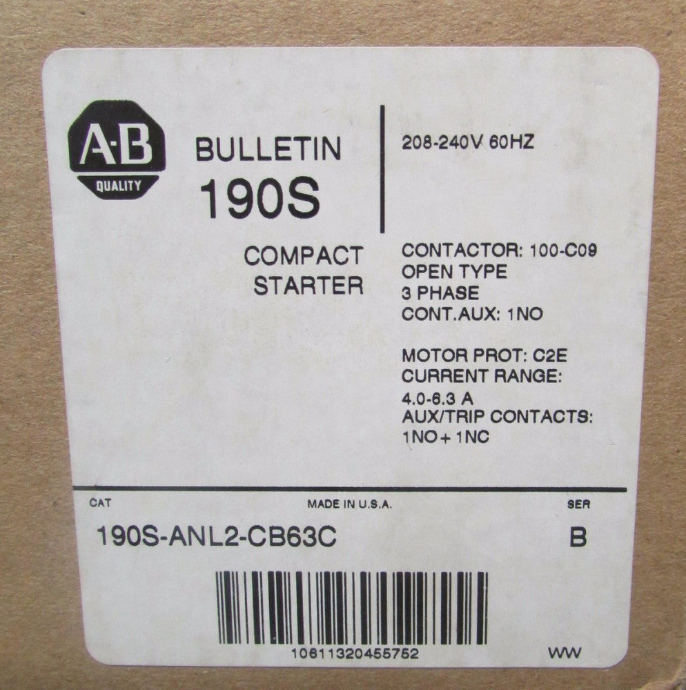 ALLEN BRADLEY 190S ANL2 CB63C 208 240 V 4-6.3 Amp 190S Compact Starter