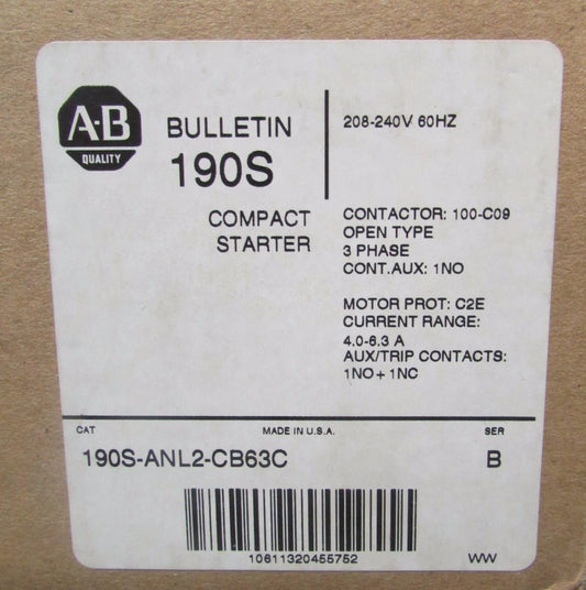 ALLEN BRADLEY 190S ANL2 CB63C 208 240 V 4-6.3 Amp 190S Compact Starter