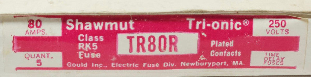 BOX OF 5 GOULD SHAWMUT TR80R TRI-ONIC 80 AMP Fuse 250 AMP Fuse 250VAC TIME RELAY