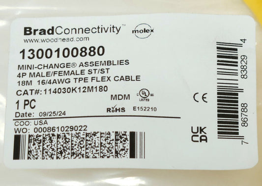 BRAD CONNECTIVITY 1300100880 MINI CHANGE 4P MALE FEMALE ST/ST 18M 16/4 AWG TPE