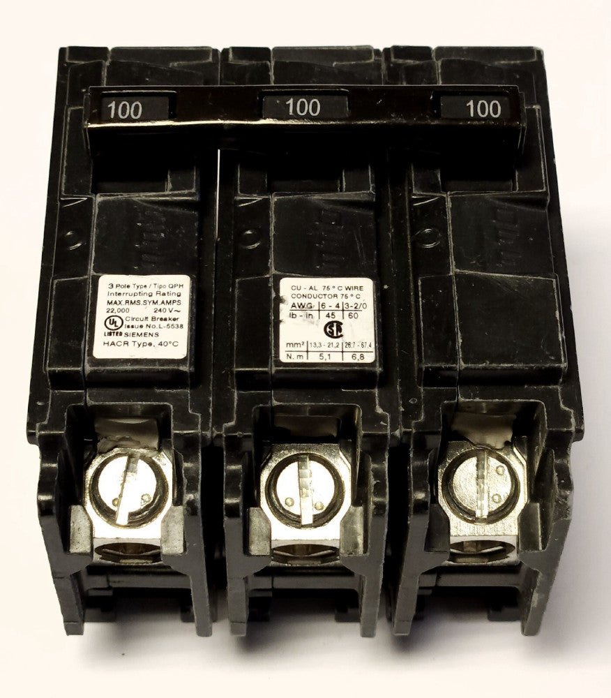 SIEMENS Q3100H 3 Pole 100 AMP Type QPH Circuit Breaker