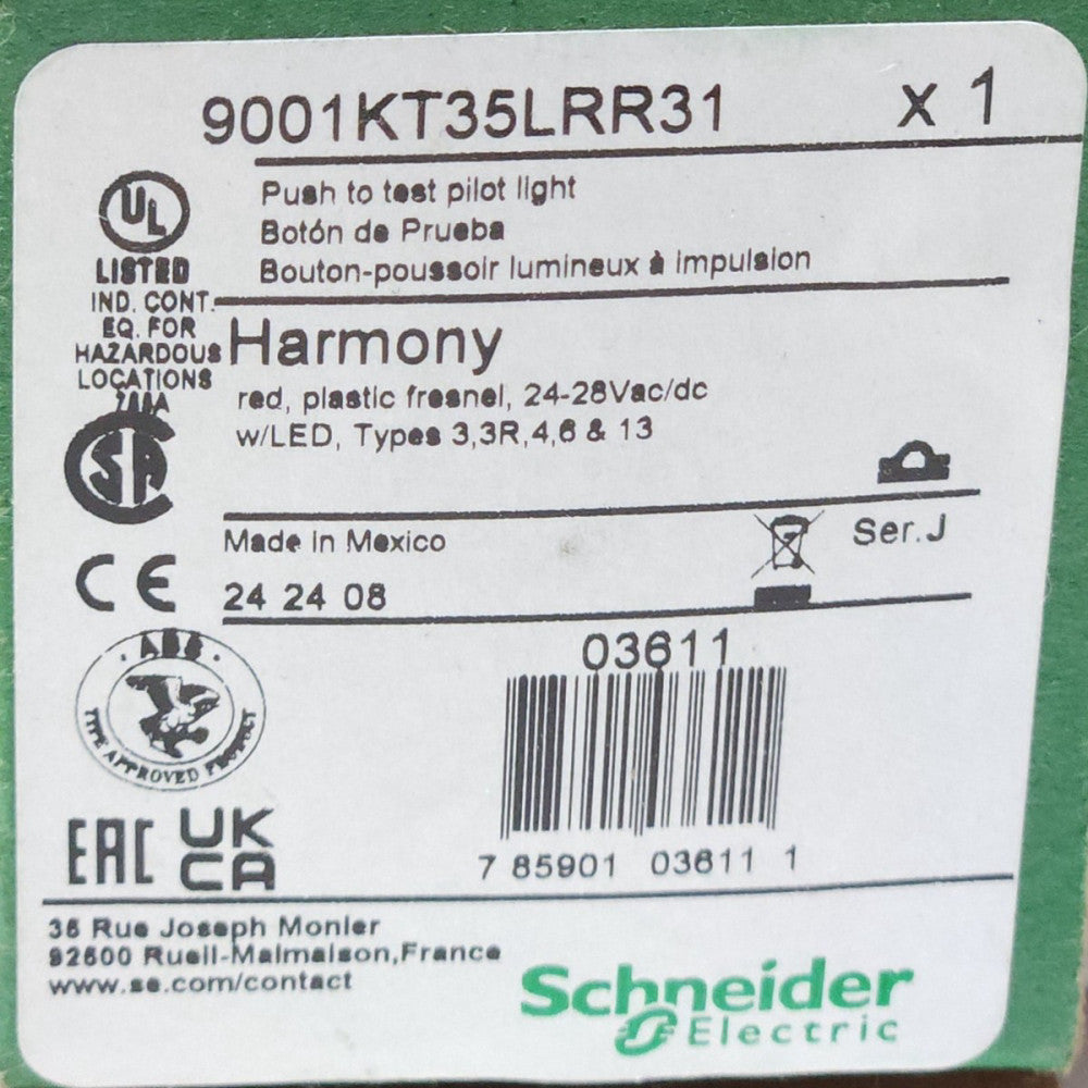 SCHNEIDER ELECTRIC 9001KT35LRR31 Push to Test Pilot Light 24-28 VAC VDC Pushbutt