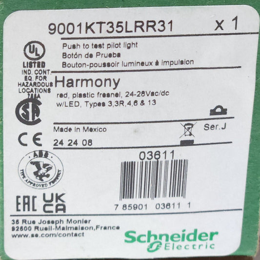 SCHNEIDER ELECTRIC 9001KT35LRR31 Push to Test Pilot Light 24-28 VAC VDC Pushbutt