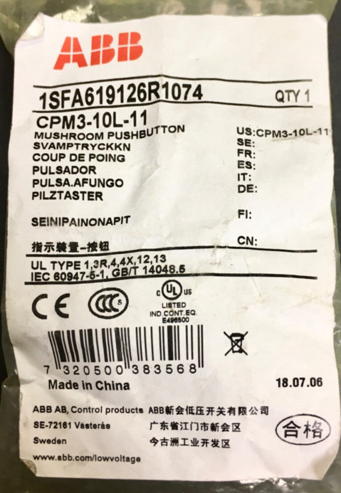 ABB CPM3 10L 11 Blue Mushroom Head Pushbutoon Momentary