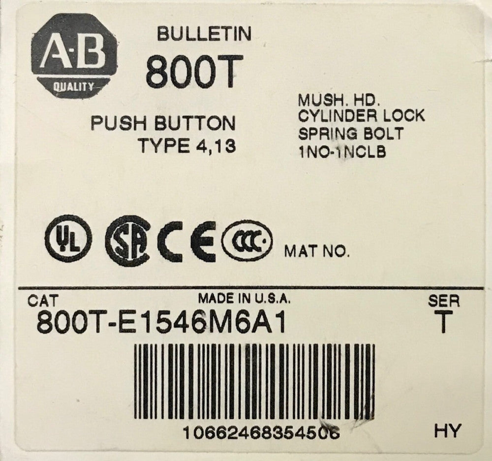 ALLEN BRADLEY 800T E1546M6A1 Keyed Red Mushroom Head Cylinder Lock Pushbutton