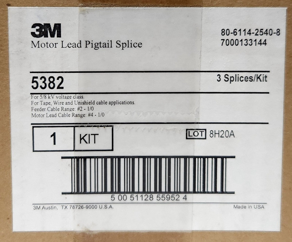SEALED 3M 5382 Motor Lead Pigtail Splice 80 6114 2540 8 3 Splice Kit 5 to 8KV