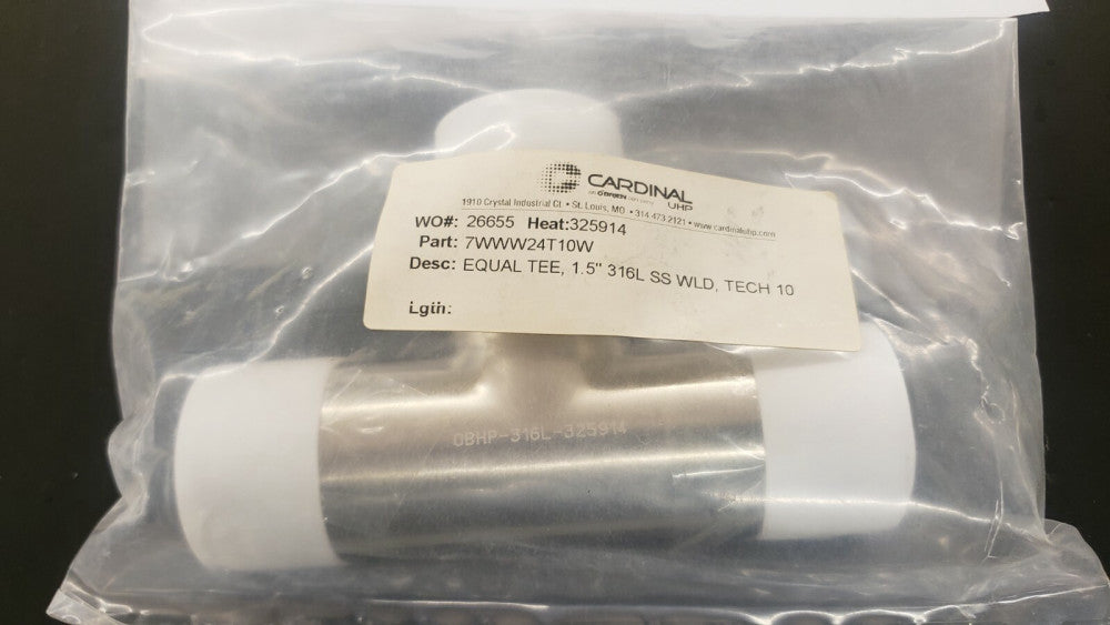 New, Cardinal UHP, 7WWW24T10W, Tubular Fitting, Equal Tee, 1.5" 316L SS