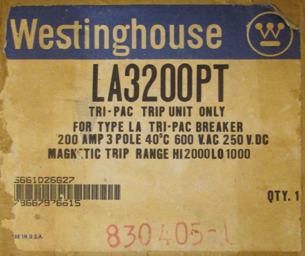 WESTINGHOUSE LA3200PT 3 Pole 200 Amp LA TRI PAC Trip Unit 5661D26G27