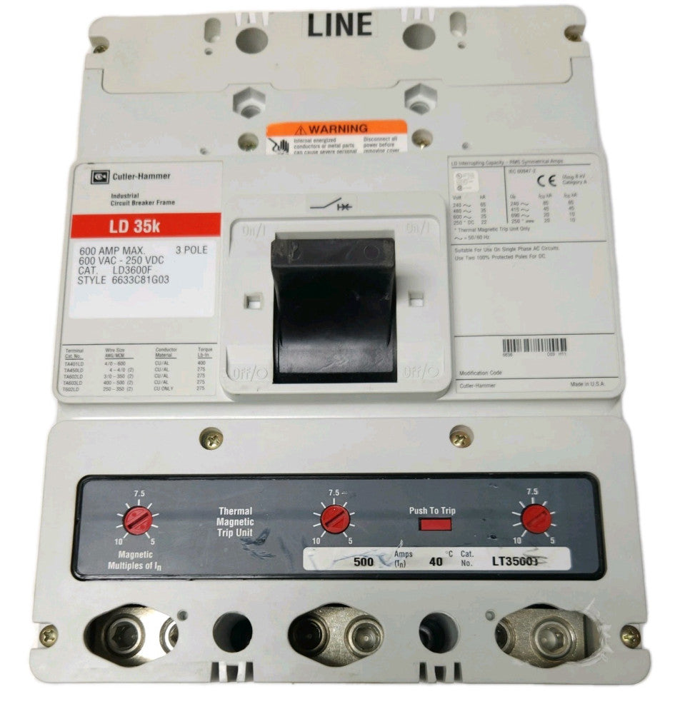 EATON CUTLER HAMMER LD3500 3 Pole LD3600F with LT3500T 500 AMP TRIP UNIT